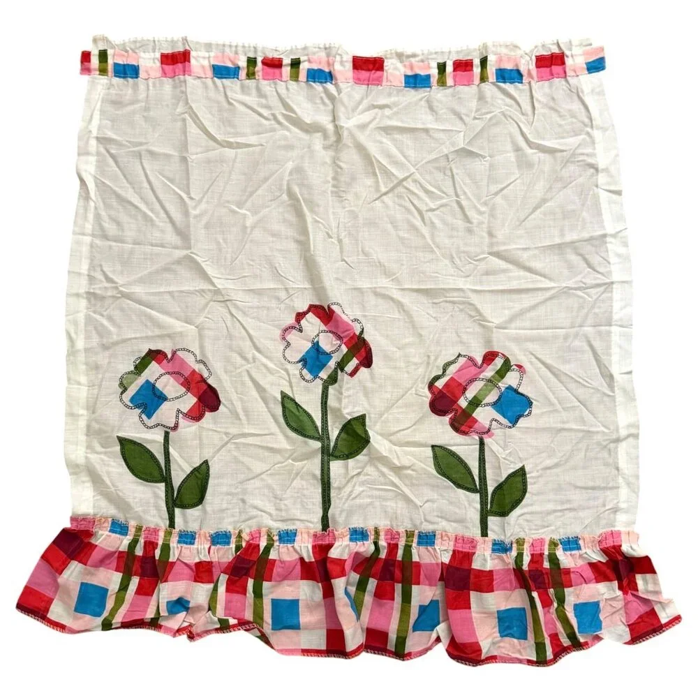 Vintage Red Checkered Floral 1/2 Window Valance/Panel, Apron, Fabric Ruffled Hem